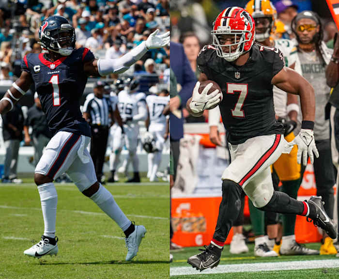 Houston Texans safety Jimmie Ward (1) and Atlanta Falcons running back Bijan Robinson (7).